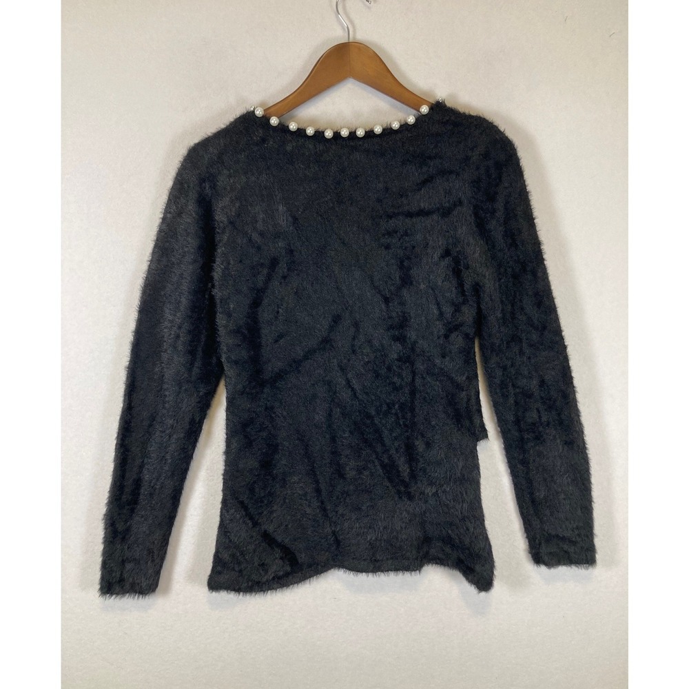 Pearlcore Boston Proper Women Size M Black Fuzzy Eyelash Knit Wrap Pearl Sweater - Picture 2 of 9